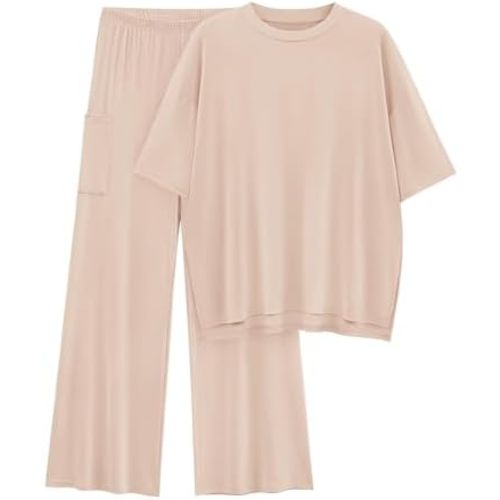 KIRUNDO Womens 2 Piece Outfits Lounge Set 2024 Casual Loose Short Sleeve Knit Pullover Tops and Wide Leg Pants Tracksuits