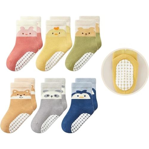 6 Pairs Toddlers Non Slip Socks with Grippers Baby Girls Boys Anti Skid Crew Cotton Socks for Infants Kids