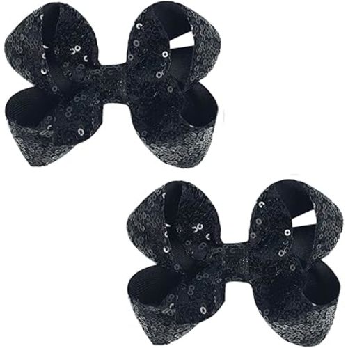 Cute 3.8" Black Sparkly Glitter Sequin Hair Bows - Pack of 2 for Little Girls