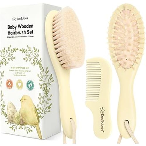 Baby Hair Brush and Comb Set for Newborn - Wooden Baby Hair Brush Set with Soft Goat Bristle, Baby Brush Set for Newborns, Baby Brush and Comb Set Girl, Boy, Toddler Cradle Cap Brush (Oval, Lemon)