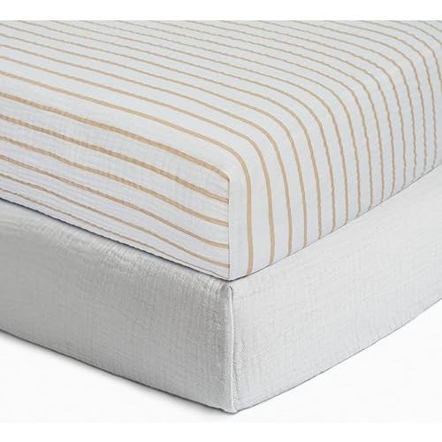 Meracorallo Muslin Fitted Crib Sheets, 2 Pack Soft Breathable Cotton Baby Crib Sheet, Neutral Crib Sheet for Baby Boys and Girls, Fits Standard Crib Mattress 28''x52'' (Stripe & Gray)