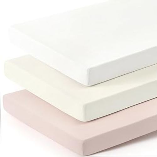 GRSSDER Mini Crib Sheets Fitted, Pack and Play Sheets 3 Pack, Ultra Soft Stretchy Pack N Play Sheets, Universal Fit for Playard Mattress, Jersey Crib Sheets for Girls, Cream/Pink