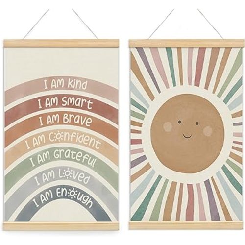 foedor Boho Rainbow Wall Art with Wooden Frames,Playroom Classroom Counseling Office Poster Hanger Frame,Positive Affirmation Wall Decor for Nursery Toddler Room,Mental Health Decor,16x24 inch,Set of 2(red)