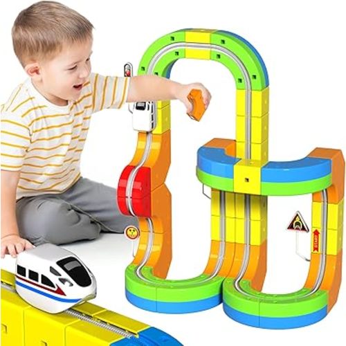 Electric Train Set for Kids, 69Pcs 3D Racing Track Set with Electric Train, Traffic Signs, STEM Train Toy Set for Boys and Girls Aged 3 4 5 6 7 8 9 10 Years Old Birthday