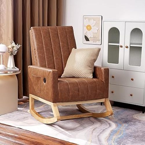 VECELO Leather Rocking Chair Nursery Glider Accent Rocker Modern Upholstered High Back USB Port and Side Pocket Armchair, Wood Legs for Living Room Bedroom, Brown
