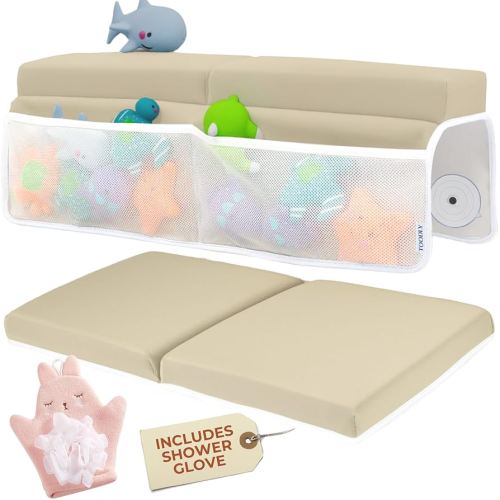 Comfortable Baby Bath Kneeler and Elbow Rest Pad Set with Pink Cloth Glove - Thick, Non-Slip, Memory Foam Kneeling Pad for Bathing Baby with Toy Storage Pockets - Easy Clean and Durable - Beige