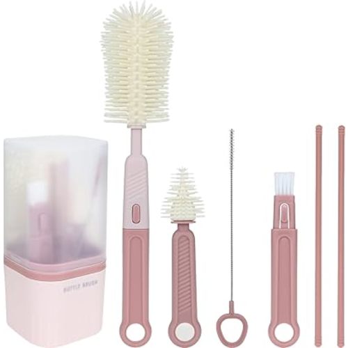 Silicone Baby Bottle Brush Set, Includes Baby Bottle Brush, Nipple Brush, Straw Brush, Spout Brush, Drying Rack and Storage Box, Portable and Travel-Friendly (Round - Pink)