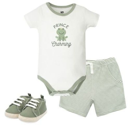 Hudson Baby Boy Cotton Bodysuit, Shorts and Shoe Set, Prince Frog, 3-6 Months
