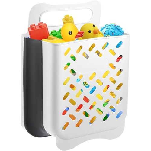 Foldable Bath Toy Storage Organizer, 2X Capacity & Large Opening Bath Plaything Organizer for Tub, Wall Mounted Bathtub Toy Storage, Space Saving Basket Bathroom Shower Holder (White)