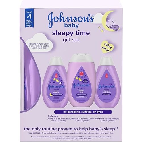 Johnson's Baby Sleepy Time Bedtime Gift Set with Relaxing NaturalCalm Aromas, Bedtime Baby Bath Shampoo, Wash & Lotion, Baby Bedtime Essentials, Hypoallergenic & Paraben-Free, 3 Items