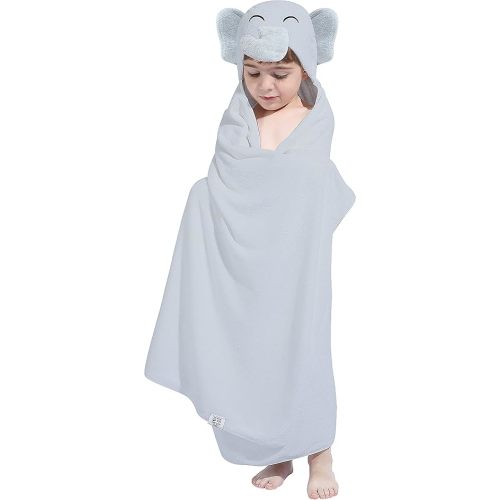 HIPHOP PANDA Hooded Towel for Kids - Viscose Derived from Bamboo, 30 X 50 INCH Large Size for 3-10 Yrs - Premium Kids Bath Towel Beach Towels Wrap for Girls, Boys, Grey Elephant
