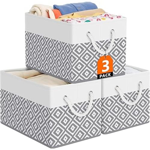 Storage Bins, 3-Pack Large Storage Box with Rope Handles, Collapsible Storage Basket for Organizing Books, Clothes, Rhombic Grey