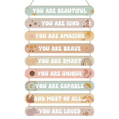MONALET Boho Inspirational Motivational Wall Art Decor for Girls Room Nursery Baby Kids Playroom Bedroom Door, Bohemian Positive Affirmations Hanging Wood Signs Decorations, Girly Wooden Plaque, 12x19in