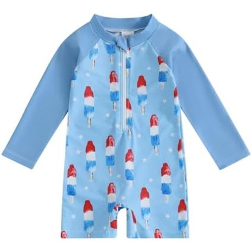 Toddler Infant Baby Boy 4th of July Swimsuit Newborn Rash Guard Boys Girls One Piece Zipper Bathing Suit Swimwear with Hat