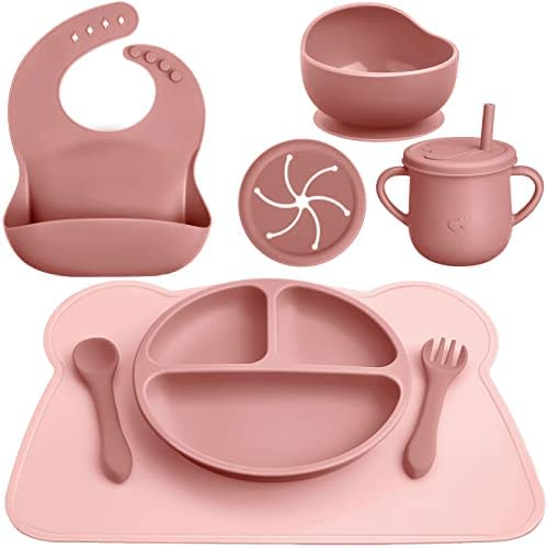 6pcs Pink 100% Non-toxic Suction Baby Feeding Set, 0-6 Month Baby Bowl,  Plate, Cup, Fork and Spoon Feeding Supplies