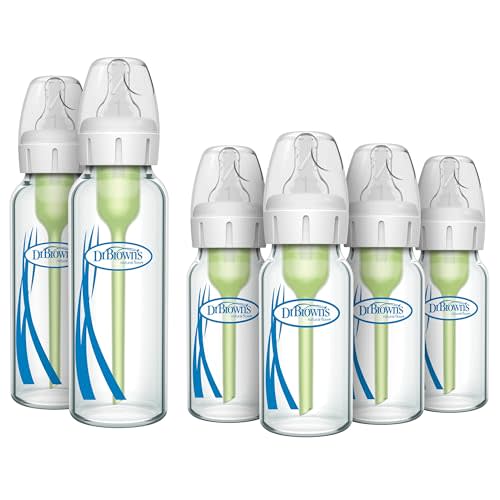 Dr. Brown's Natural Flow Anti-Colic Options+ Narrow Glass Baby Bottles, 4 oz 4-Pack & 8 oz 2-Pack, with Level 1 Slow Flow Nipples, Anti-Colic Vent System, BPA Free, Dishwasher Safe, 0m+