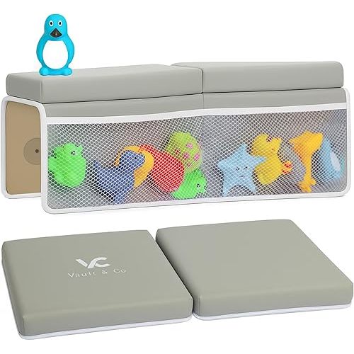 Vault & Co Bath Kneeler and Elbow Rest Pad Set – Extra Thick 1.5” Cushioned Baby Bath Kneeling Pad, Non-Slip Mat with Quick Dry Cover Storage Pockets, Waterproof Support & 5 Fun Bath Toys