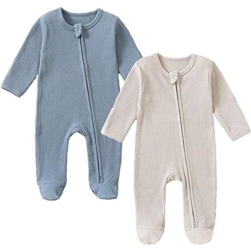 WATOCHE Baby Boy Rompers Long Sleeve Jumpsuits with Mittens Infant Baby 2-way Zipper Footed Waffle Romper