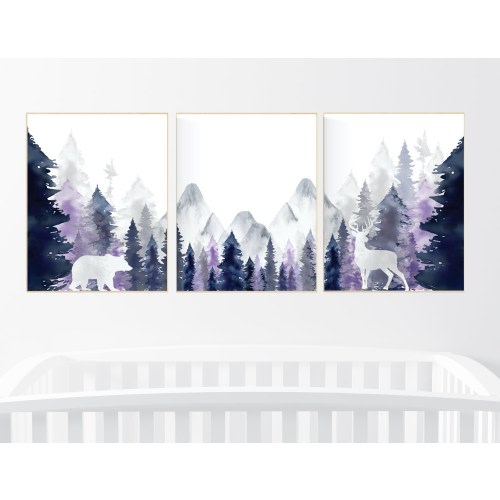 Nursery decor woodland, mountain wall art, tree nursery decor, adventure theme nursery, forest, navy, purple nursery, woodland animals