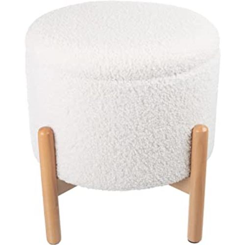 Lavish Home Storage Ottoman - Round Sherpa Footrest or Storage Organizer with Removable Top for Living Room, Dorm, or Apartment (White)