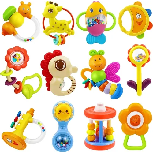 MOONTOY 12pcs Baby Rattles for Babies 0-6 Months Teething Toys 3-6 Months, Newborn Infant Teethers Baby Toys 6-12 Months, Montessori Baby Easter Basket Stuffers Gifts 1 2 3 4 5 6 7 9 10 Month Boy Girl