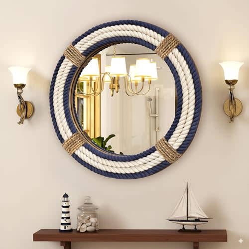 Vercraft Nautical Coastal Mirror 16" Wall Decor with Rope Wrapped Trim and Hanging Loop Round Circle Nursery Mirror Nautical Boho Rustic Decorative for Living Room, Bedroom Blue and White