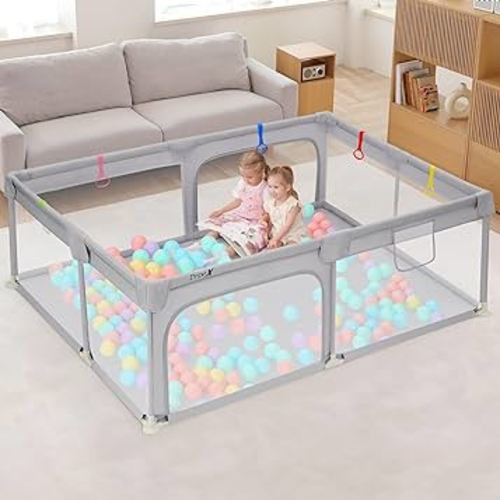 Dripex Baby Playpen, 71"x47" Large Play Pens for Babies and Toddlers, Safe Anti-Fall Play Yard, Visible Baby Play Pen with Gate, Baby Fence Play Area with Pull-up Ring, Washable Baby Play Yards, Grey