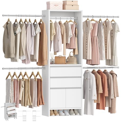 Hzuaneri Closet System with 4 Hang Rods, Walk-in Closet Organizer System Wooden Storage Systems with 2 Drawers & Shoe Cabinet, Wardrobe Clothes Rack Garment Rack Fits Spaces 4-9.8FT, White MC00103E