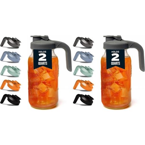 County Line Kitchen Glass Mason Jar Pitcher with Lid - Wide Mouth, 2 Quart (64 oz) - Heavy Duty, Leak Proof - Sun & Iced Tea Pitcher, Cold Brew Coffee, Breast Milk Storage, Water - Sky Blue