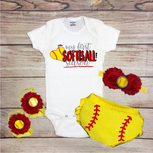 My First Softball Season Baby Girl Softball Outfit, Softball Baby Girl Clothes, Baby Girl 1st Softball Set