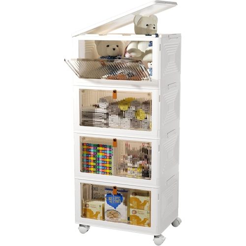 4 Tier Plastic Storage Bins and Boxes Organizer - Stackable with Lids for Bedroom, Living Room, Kitchen, Office - Foldable Containers