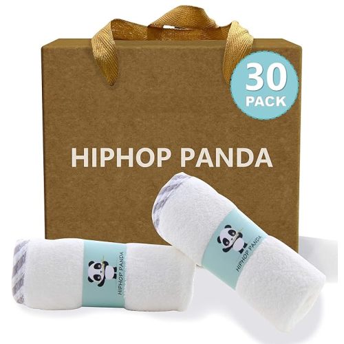 HIPHOP PANDA Baby Washcloths, Rayon Made from Bamboo - 2 Layer Ultra Soft Absorbent Newborn Bath Face Towel - Reusable Baby Wipes for Delicate Skin - Gray Stripe, 30 Pack - 30 Pack - Gift Box Set