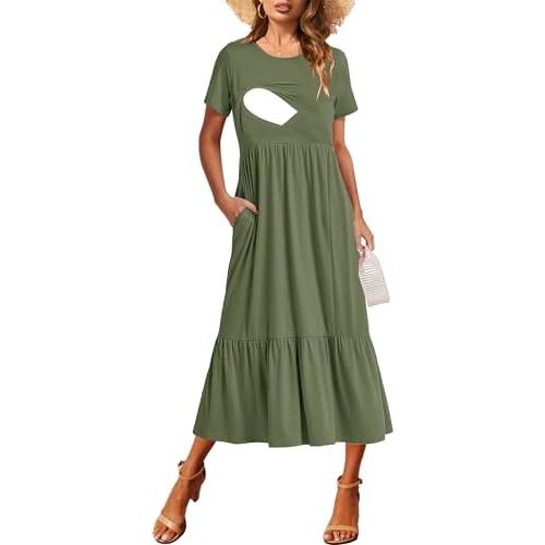 Women Nursing Short Sleeve Crew Neck Fall Dress Maternity Flowy Maxi Dresses Tiered Cocktail Dress with Pockets