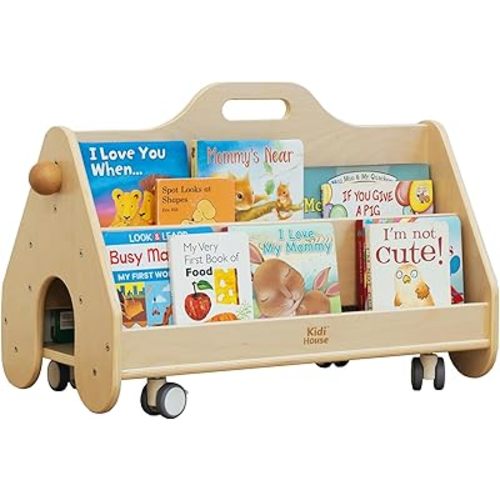 Double-Sided Kids Bookshelf with Wheels - Wooden Movable Birch Book Display Shelf Easy Reach Montessori Bookshelf for Baby Toddler Kids Room Nursery Classroom Playroom Living Room