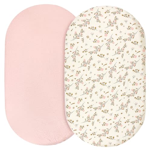 Hooyax Muslin Bassinet Sheets for Baby Girls Boys, 2 Pack Soft Breathable Bassinet Fitted Sheets Universal Fit Rectangle, Oval and Hourglass Bassinet Mattress (Pink, Floral)
