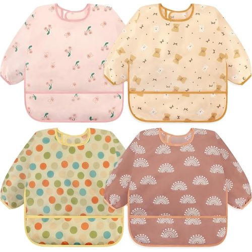 Accmor 4 Pack Long Sleeve Bibs, Baby Smock Waterproof Sleeved Bib Smock for Baby Toddler 6-36 Months