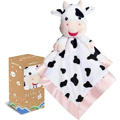 Cow Baby Security Blankets for Girls, Soft Loveys for Baby Girls, 15" Cow Baby Stuff Snuggle Toy Lovie, Baby Girl Gifts for Infant and Toddler, Pink Cow