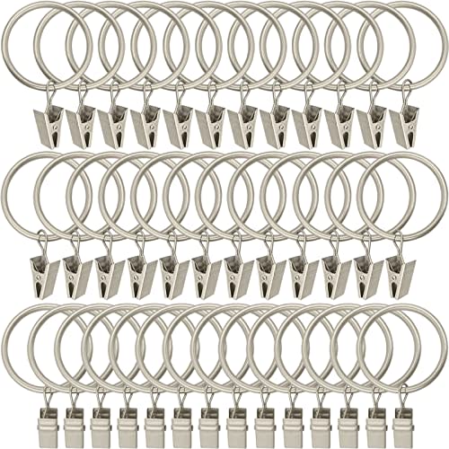 WeeksEight 40 Pack Matte Silver Curtain Rings with Clips, Curtain Hooks Hangers Clip Rings for Hanging Drapes Bows Hat, Drapery Rings 1.5 in I D, Fits up to 1.2 in Diameter Curtain Rod.