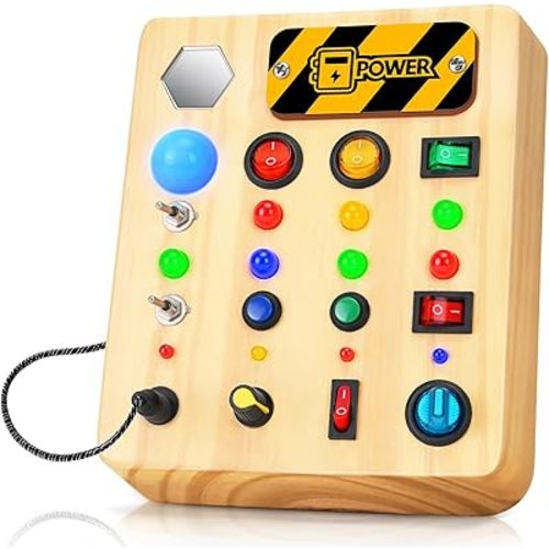 Busy Board Montessori Toys for Toddler, Wooden Sensory Board Switch Toy with Shape Sorter LED Light Up Toys Educational Plane Travel Activity for Girls & Boys