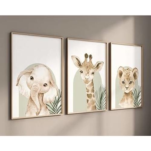 Animal Wall Art Pictures Baby Nursery Canvas Wall Art Decor Safari Animal Prints Jungle Kids Wall Art Woodland Nursery Wall Decor Giraffe Jungle Poster for Room 12x16 Inch Unframed Set of 3