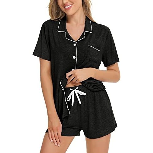 SWOMOG Womens Button Down Pajamas Set Short Sleeve Sleepwear Bride Soft Pj Lounge Sets XS-3XL