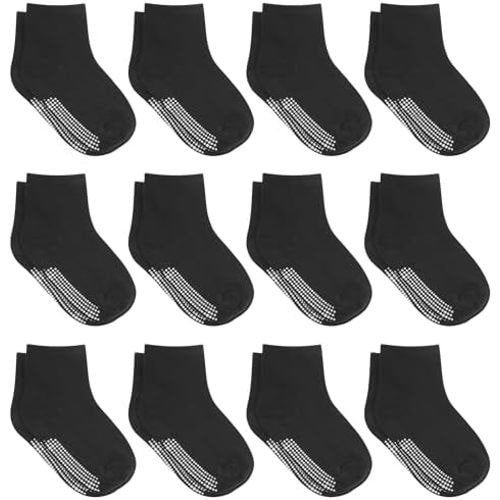 Debra Weitzner 12 Pairs Non-Slip Toddler Socks With Grips for Baby Boys and Girls-Anti-Slip Crew Socks for Infant's and Kids