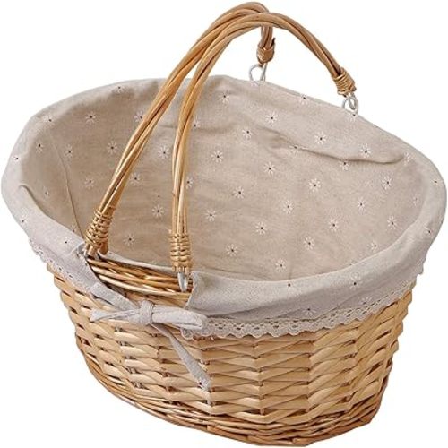 KINJOEK Wicker Woven Basket, 14 x 11 x 6.7 Inch Multipurpose Willow Basket with Handle Premium Linen Cotton Cloth Lining for Storage and Decoration, Natural