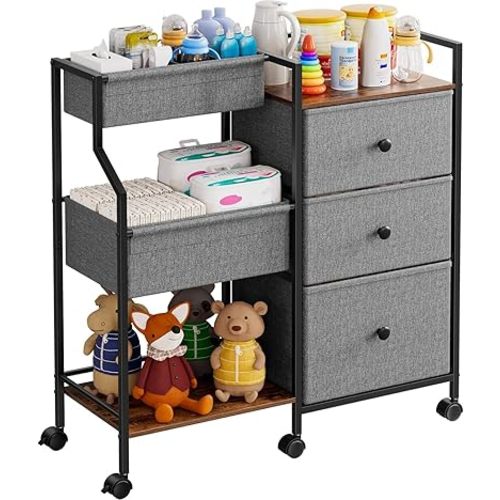 Hiaksedt Baby Diaper Caddy Organizer Cart and Storage, 3 Tier Rolling Cart with Drawers and Dividers Baby Nappy Bin Newborn Essentials Cart for Nursery, Bedroom, Changing Table & Crib
