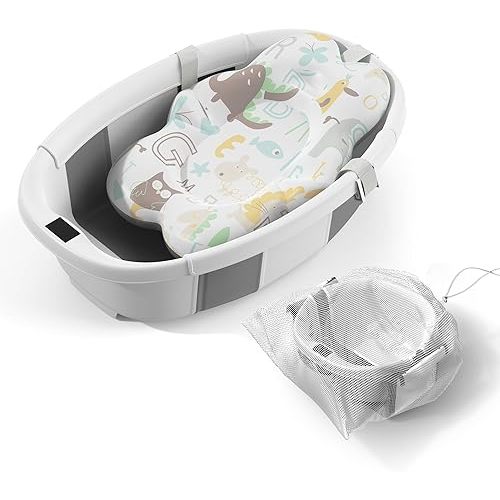 Collapsible Baby Bathtub, 3s to Install, Baby Bath Tub with Soft Cushion & Thermometer, 0-36 Months Newborn Bathtub, Portable Travel Baby Tub, Grey