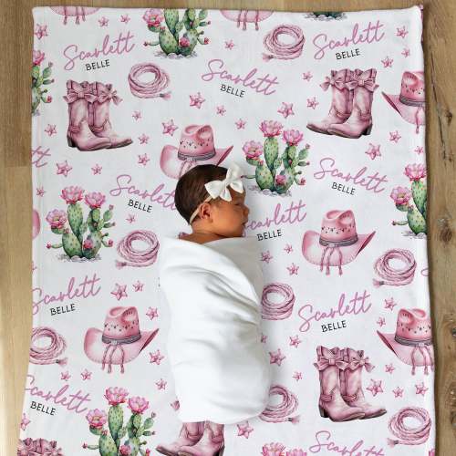 Pink Boots Western Baby Girl Blanket, Personalized Cowgirl Name Blanket, Baby Girl Shower Gift Cowgirl Nursery Decor, Girl's Newborn Swaddle