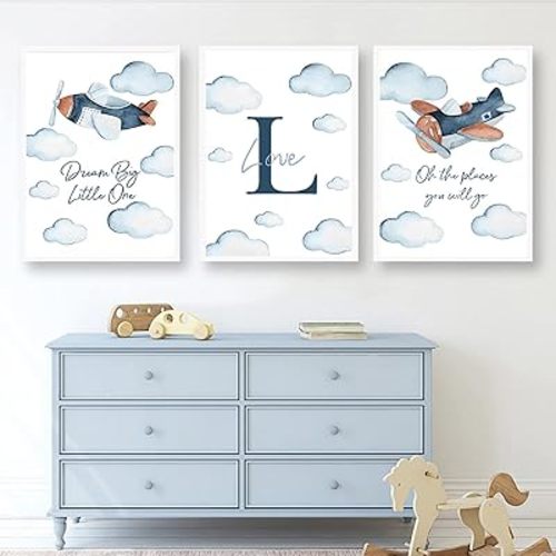 Cartoon Airplane Wall Art White and Blue Clouds Art Print Kids Inspirational Wall Art White Blue and Brown Nursery Print Cartoon Aircraft Artwork Nursery Room Wall Decor Baby Boy 12x16inx3pcs No Frame