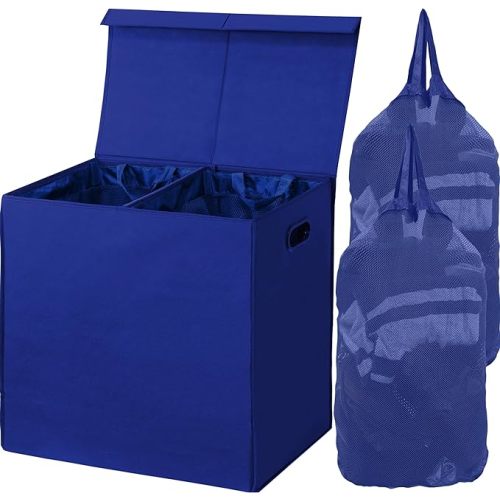 Simple Houseware Double Laundry Hamper with Lid and Removable Bags, Dark Blue