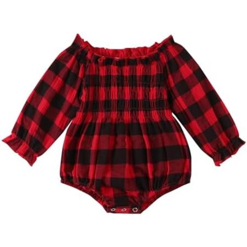 Newborn Infant Baby Girl Spring Romper Clothes Long Sleeve Plaid Bodysuit with Headband Toddler Girls Top