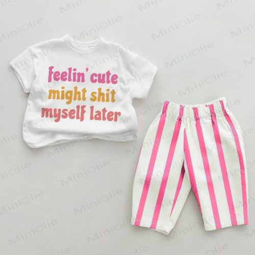 FEELIN’ CUTE MIGHT SHIT MYSELF LATER Baby Pink Vertical Striped 2-piece Set
